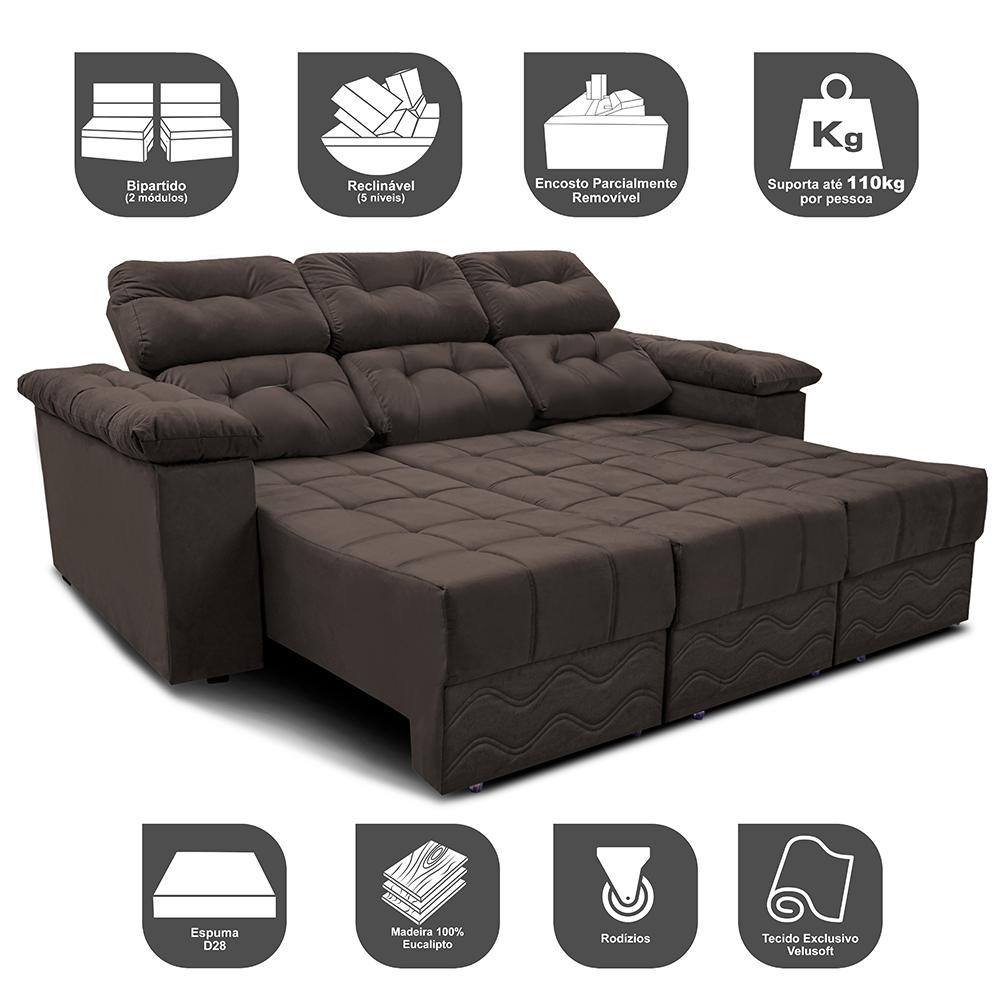 Sofa Itália 2,60 Mts Retrátil e Reclinavel Tecido Suede Café - Cama InBox