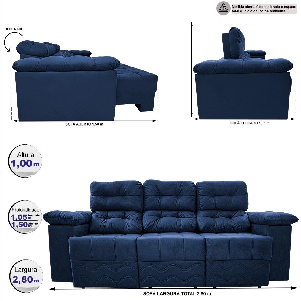 Sofa Itália 2,80 Mts Retrátil e Reclinavel Tecido Suede Azul - Cama InBox