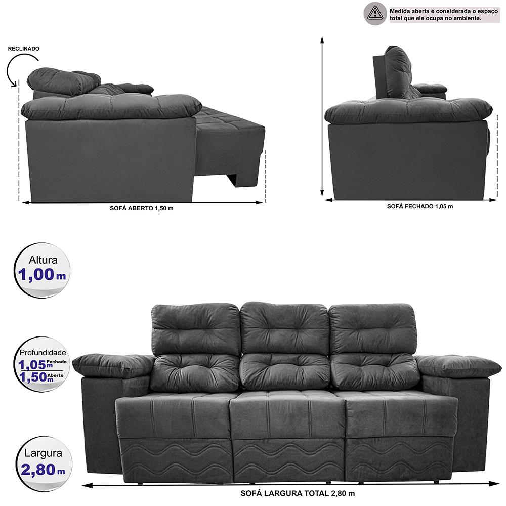 Sofa Itália 2,80 Mts Retrátil e Reclinavel Tecido Suede Cinza - Cama InBox