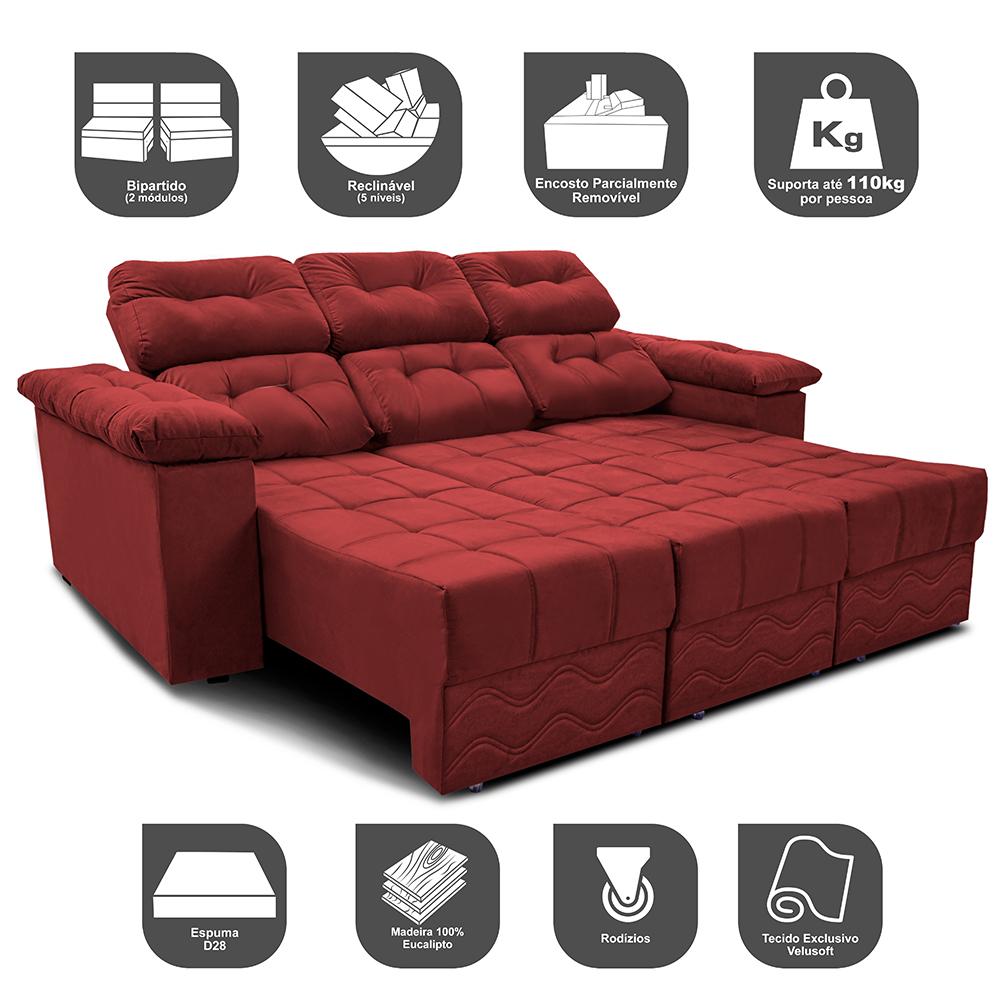 Sofa Itália 2,80 Mts Retrátil e Reclinavel Tecido Suede Vermelho - Cama InBox