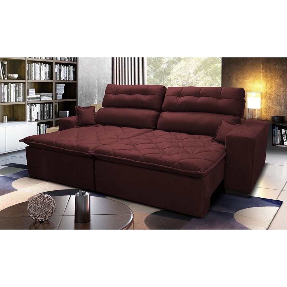Sofá 2,02m Retrátil e Reclinável com Molas Cama inBox Confort Tecido Suede Velusoft Vinho