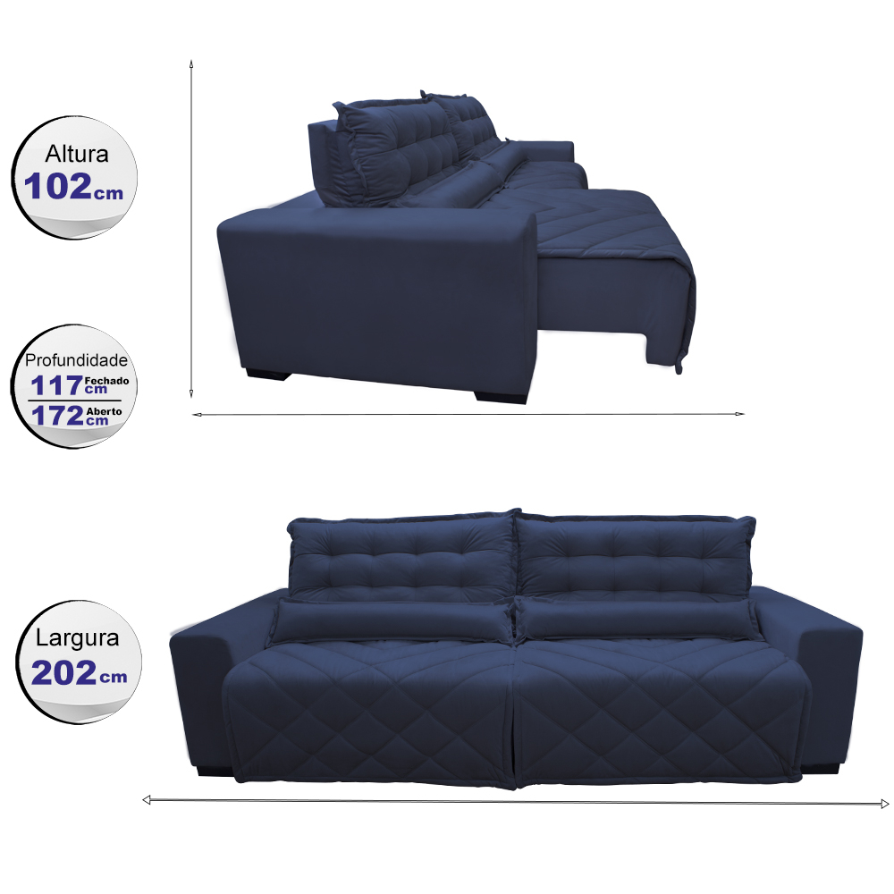 Sofá 2,02m Retrátil e Reclinável com Molas Cama inBox Plus Tecido Suede Velusoft Azul