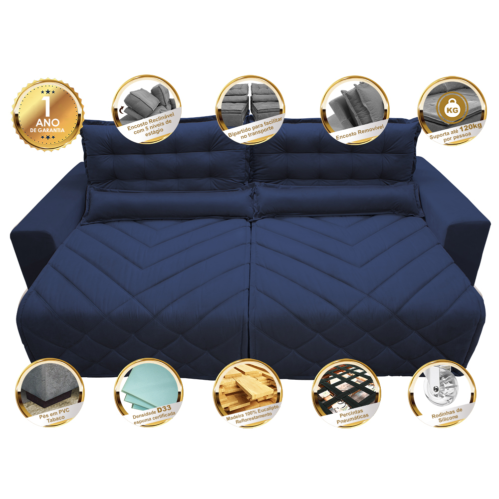 Sofá 2,02m Retrátil e Reclinável com Molas Cama inBox Plus Tecido Suede Velusoft Azul