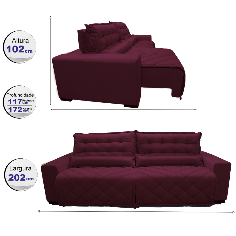 Sofá 2,02m Retrátil e Reclinável com Molas Cama inBox Plus Tecido Suede Velusoft Vinho
