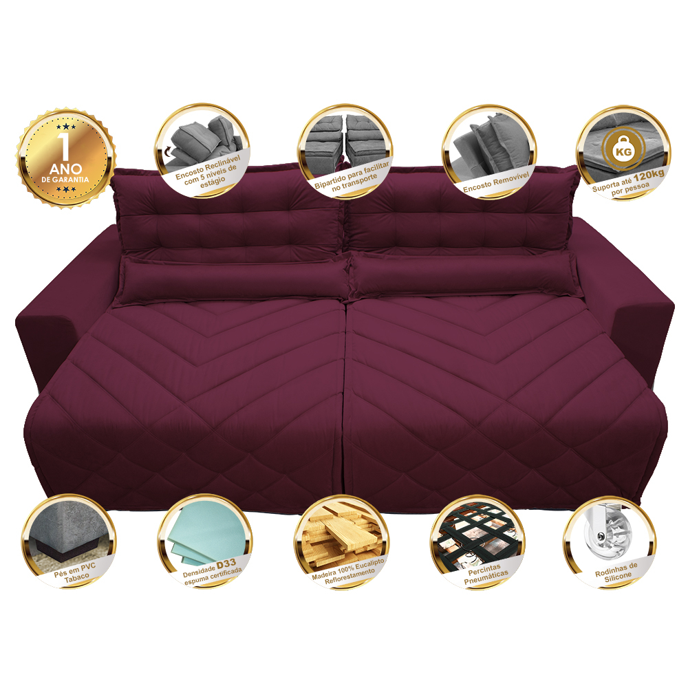 Sofá 2,02m Retrátil e Reclinável com Molas Cama inBox Plus Tecido Suede Velusoft Vinho