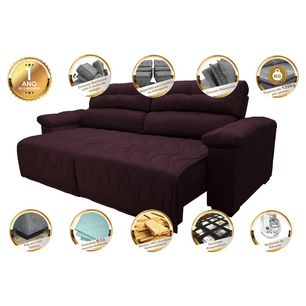 Sofá 2,02m Retrátil e Reclinável com Molas Cama inBox Top Tecido Suede Velusoft Vinho