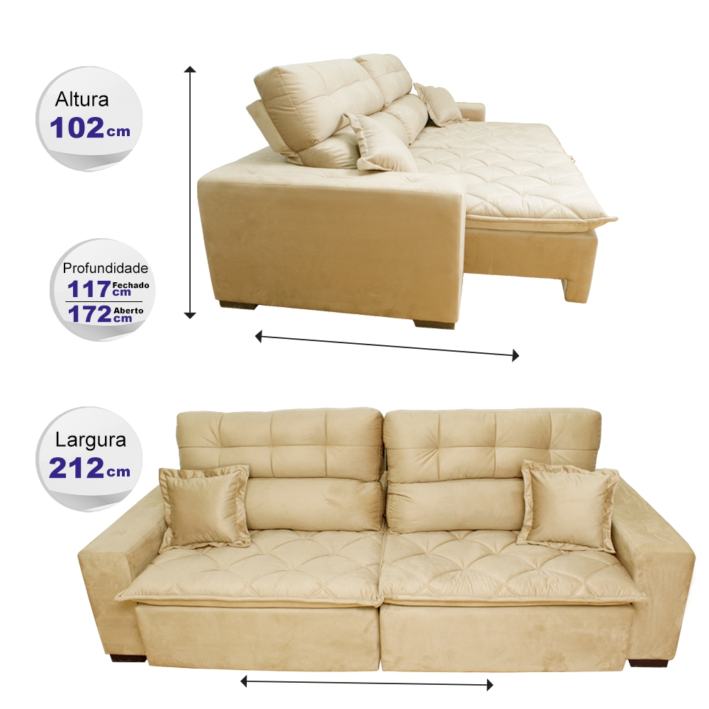 Sofá 2,12m Retrátil e Reclinável com Molas Cama inBox Confort Tecido Suede Velusoft Bege