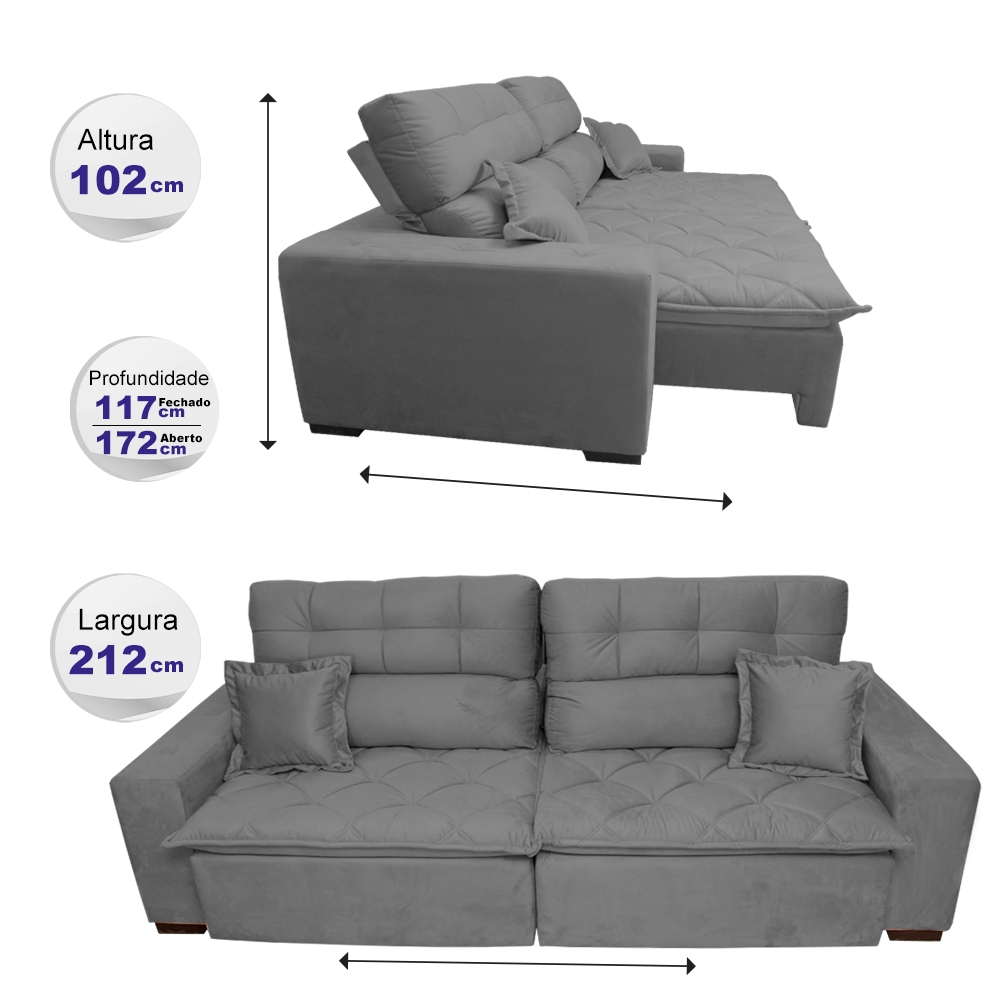 Sofá 2,12m Retrátil e Reclinável com Molas Cama inBox Confort Tecido Suede Velusoft Cinza
