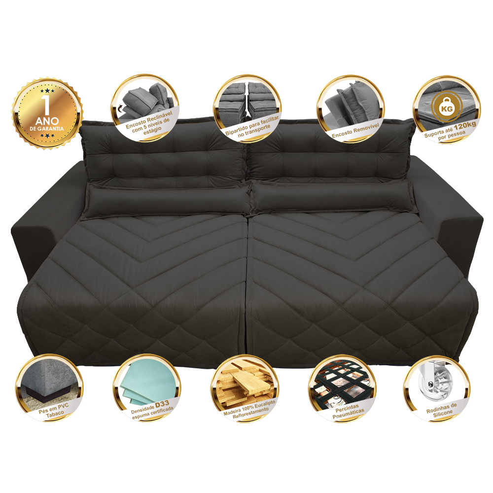Sofá 2,12m Retrátil e Reclinável com Molas Cama inBox Plus Tecido Suede Velusoft Café