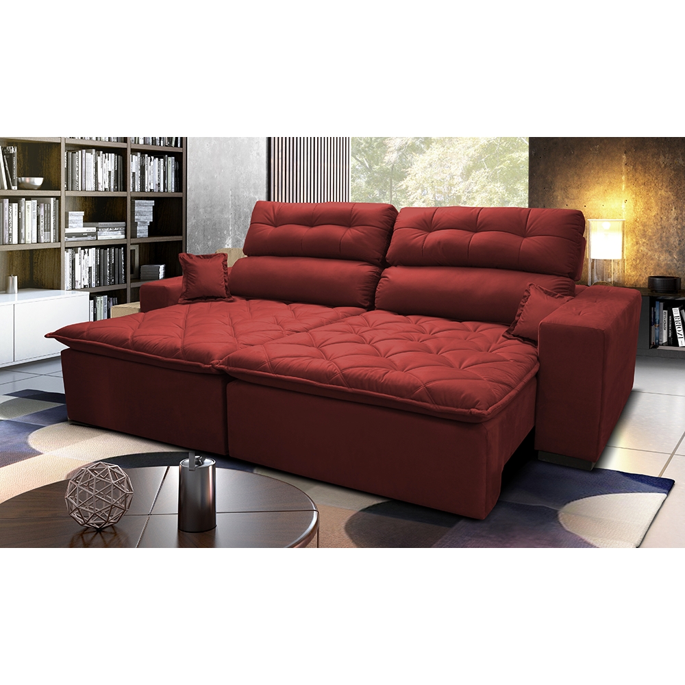 Sofá 2,22m Retrátil e Reclinável com Molas Cama inBox Confort Tecido Suede Velusoft Vermelho