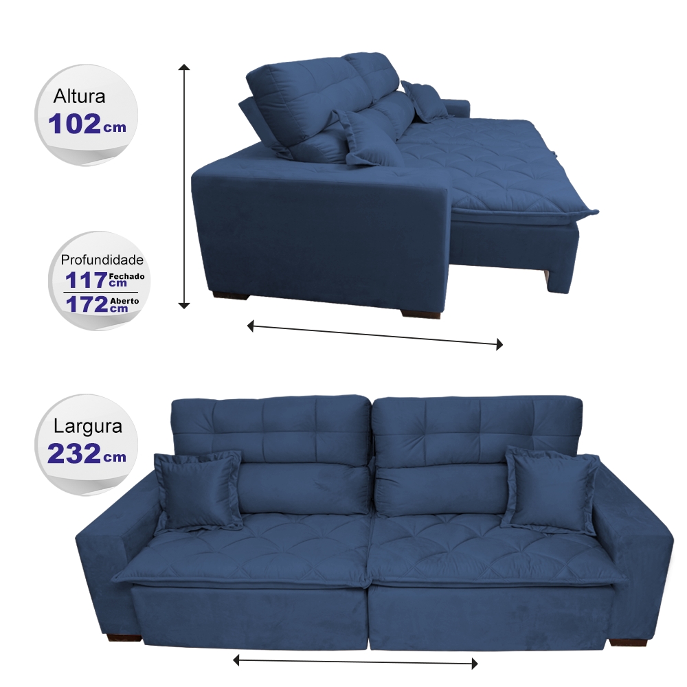 Sofá 2,32m Retrátil e Reclinável com Molas Cama inBox Confort Tecido Suede Velusoft Azul