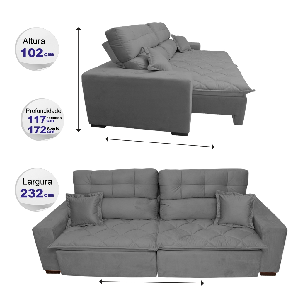 Sofá 2,32m Retrátil e Reclinável com Molas Cama inBox Confort Tecido Suede Velusoft Cinza