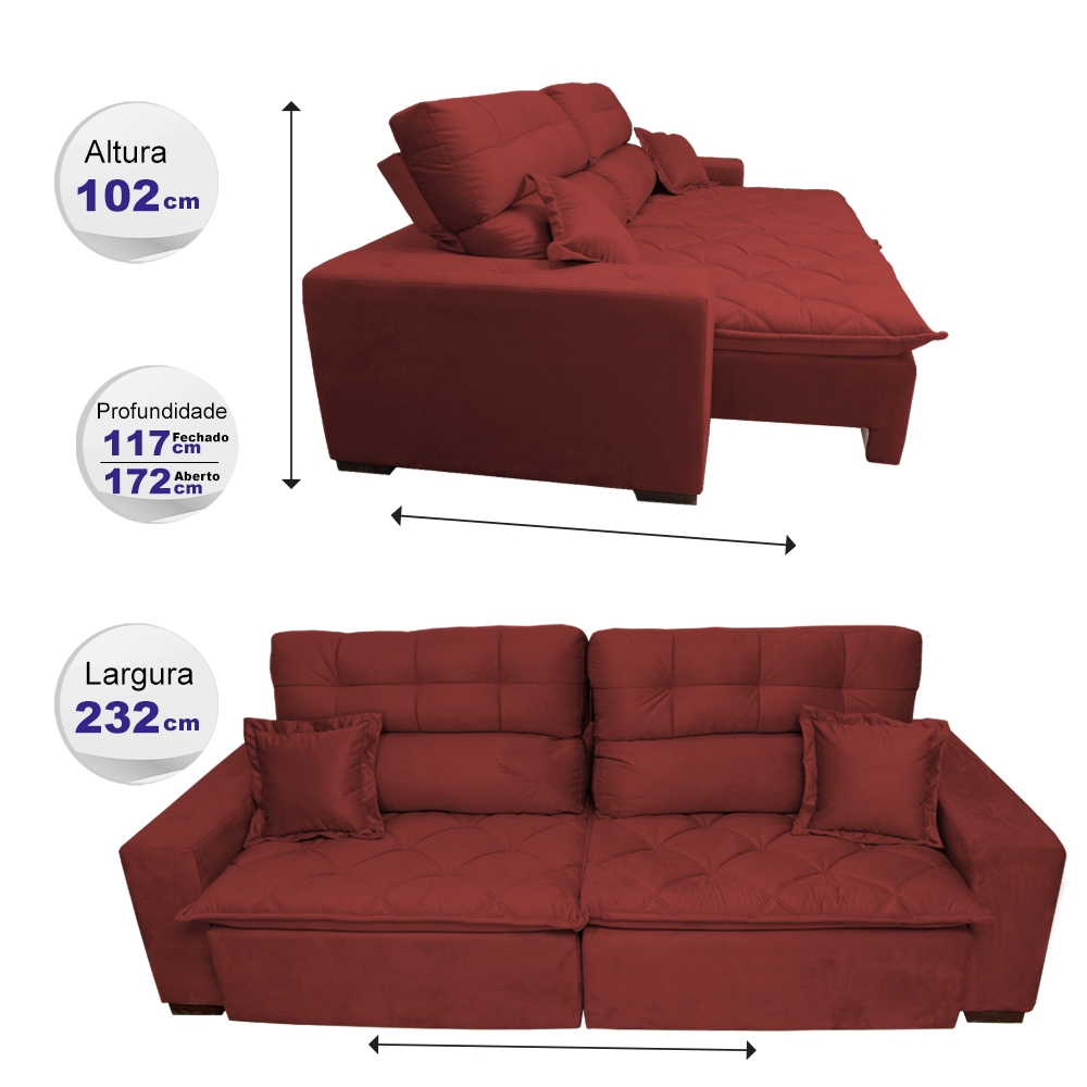 Sofá 2,32m Retrátil e Reclinável com Molas Cama inBox Confort Tecido Suede Velusoft Vermelho