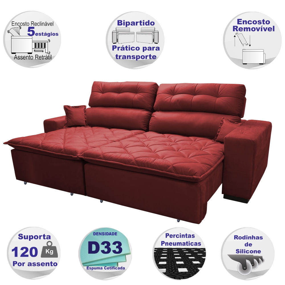 Sofá 2,32m Retrátil e Reclinável com Molas Cama inBox Confort Tecido Suede Velusoft Vermelho