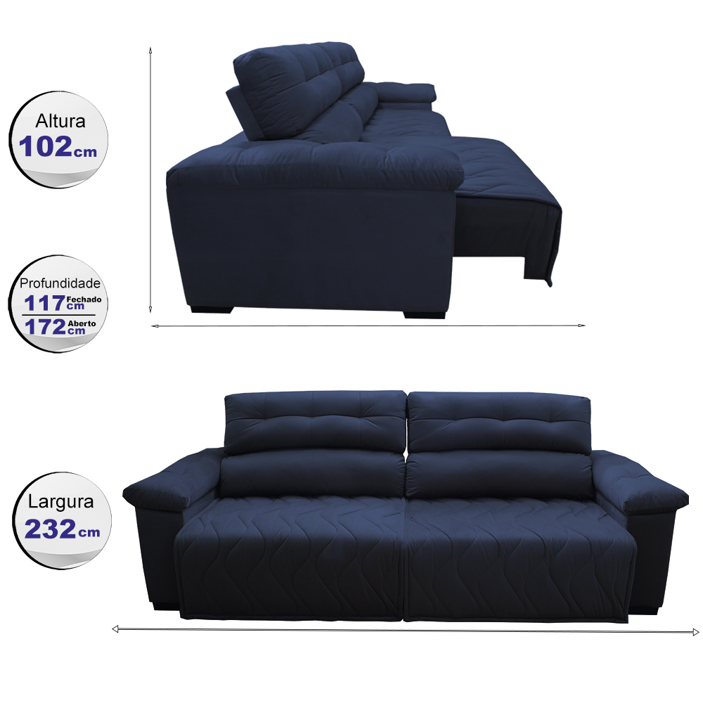 Sofá 2,32m Retrátil e Reclinável com Molas Cama inBox Top Tecido Suede Velusoft Azul
