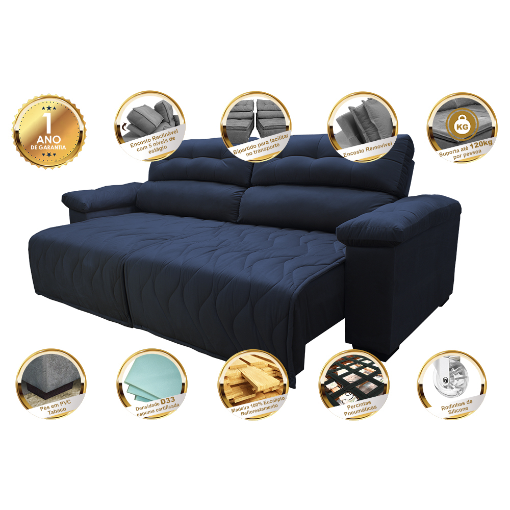 Sofá 2,32m Retrátil e Reclinável com Molas Cama inBox Top Tecido Suede Velusoft Azul