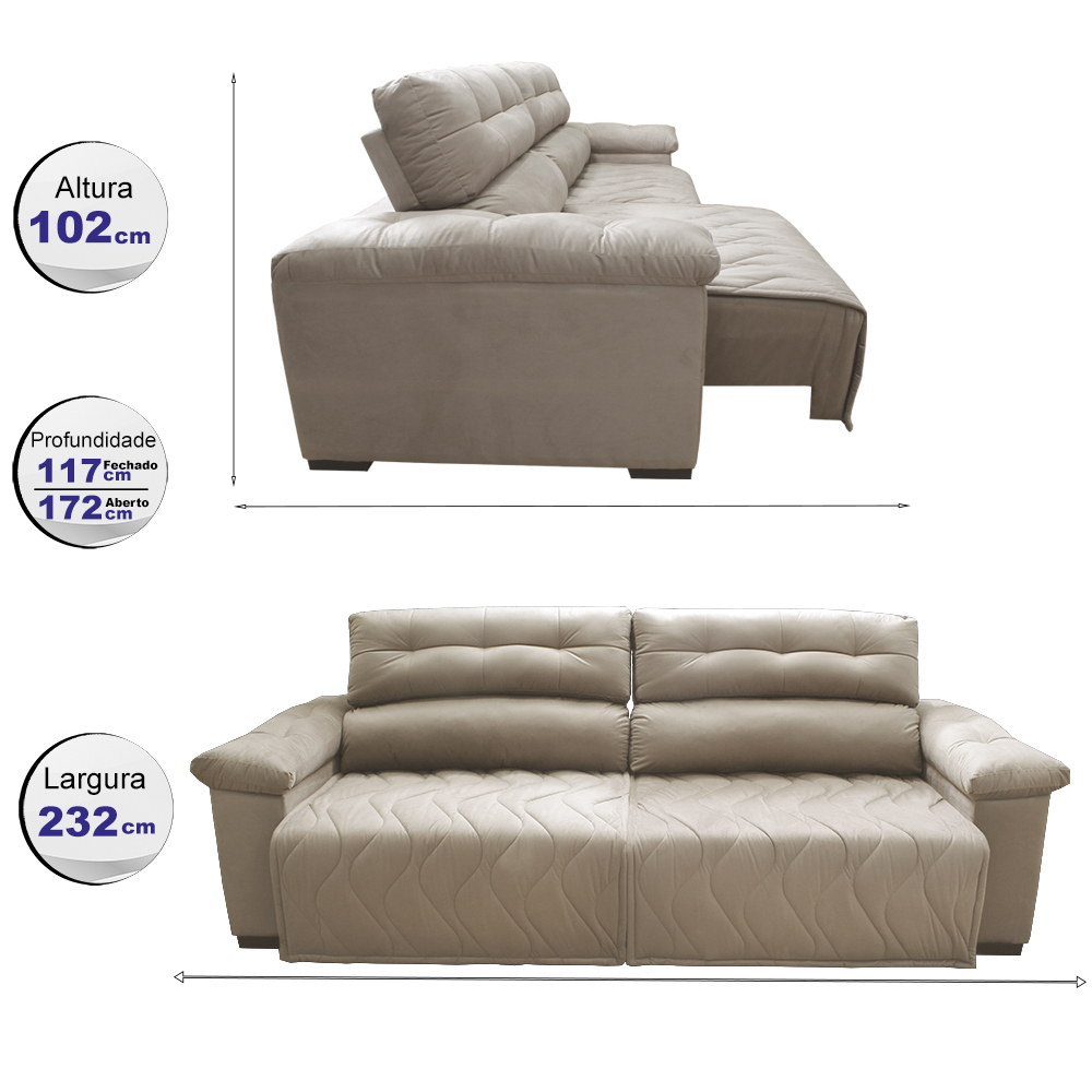 Sofá 2,32m Retrátil e Reclinável com Molas Cama inBox Top Tecido Suede Velusoft Bege