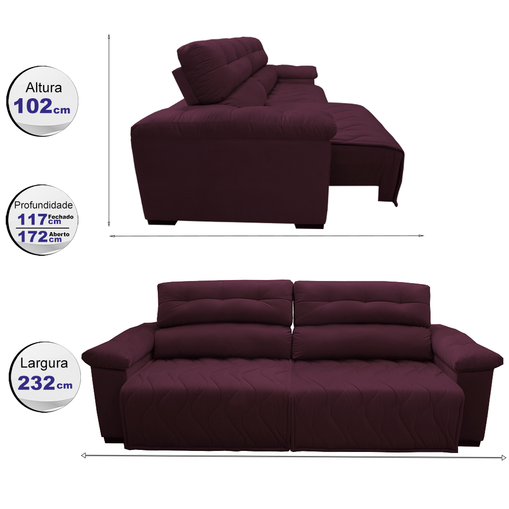 Sofá 2,32m Retrátil e Reclinável com Molas Cama inBox Top Tecido Suede Velusoft Vinho
