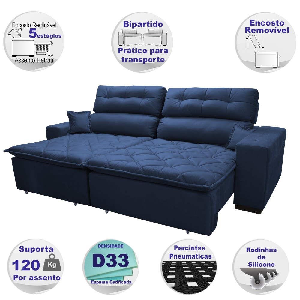 Sofá 2,42m Retrátil e Reclinável com Molas Cama inBox Confort Tecido Suede Velusoft Azul