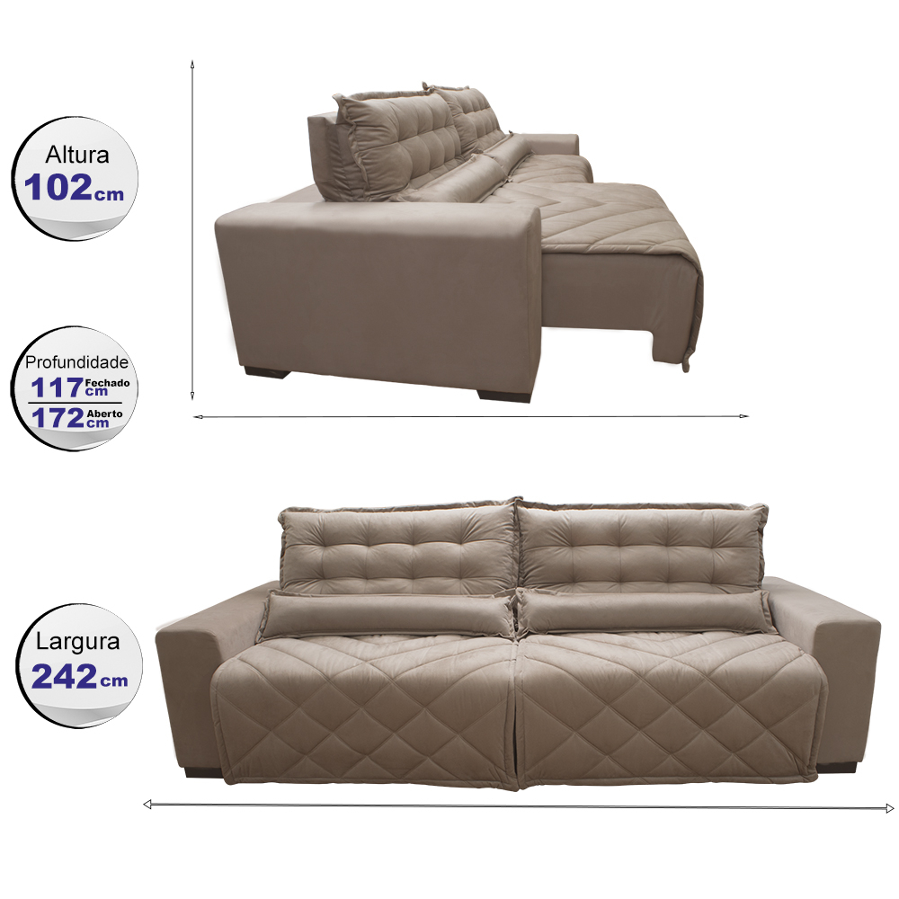 Sofá 2,42m Retrátil e Reclinável com Molas Cama inBox Plus Tecido Suede Velusoft Bege