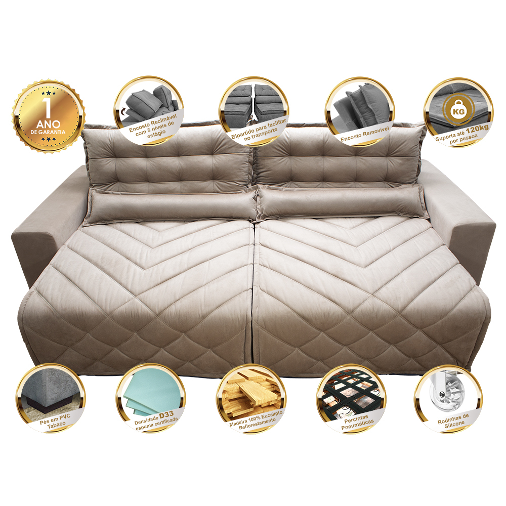 Sofá 2,42m Retrátil e Reclinável com Molas Cama inBox Plus Tecido Suede Velusoft Bege