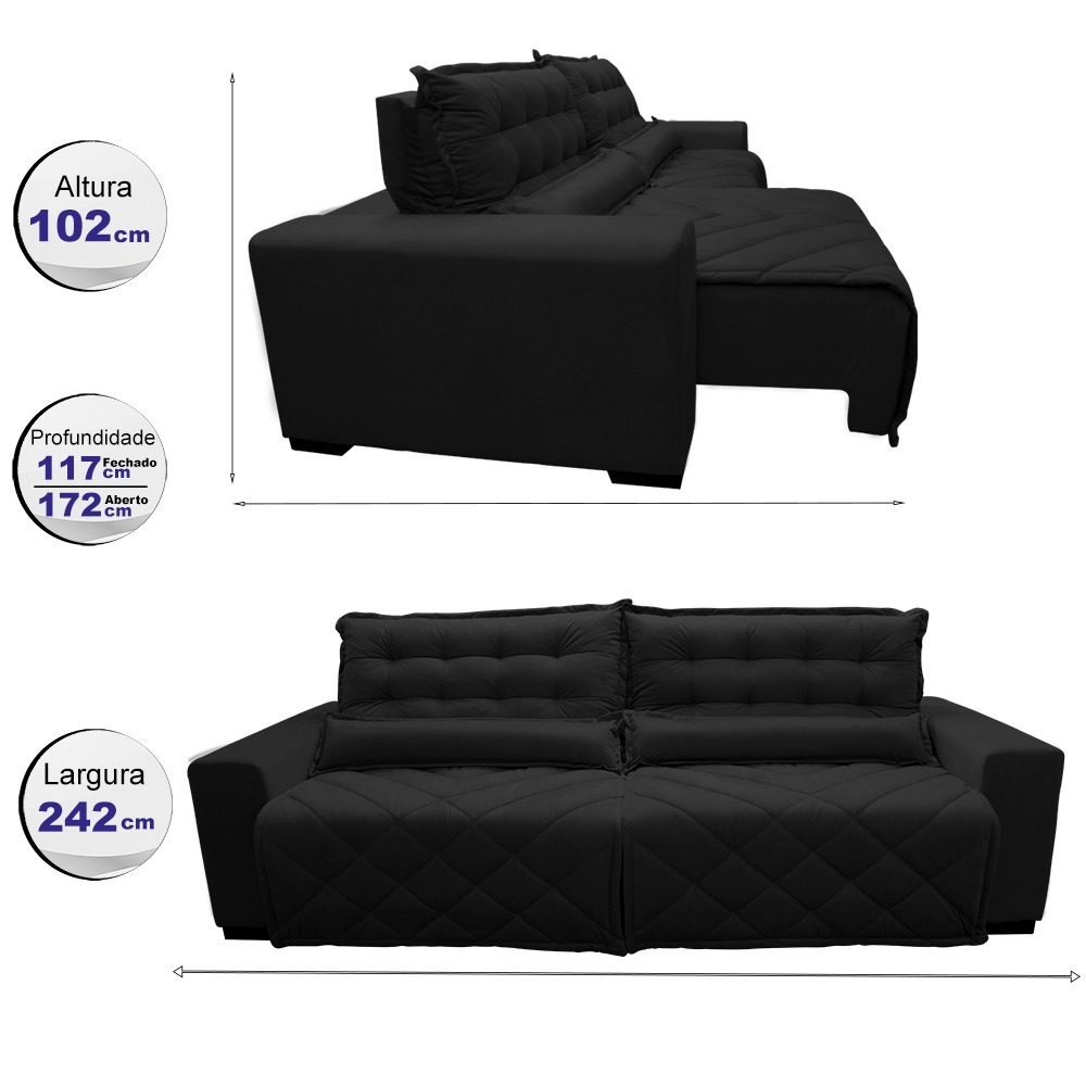 Sofá 2,42m Retrátil e Reclinável com Molas Cama inBox Top Tecido Suede Velusoft Preto