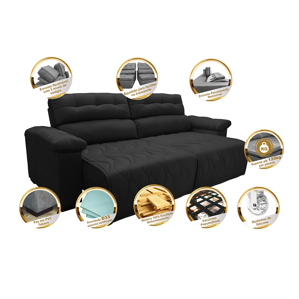 Sofá 2,42m Retrátil e Reclinável com Molas Cama inBox Top Tecido Suede Velusoft Preto