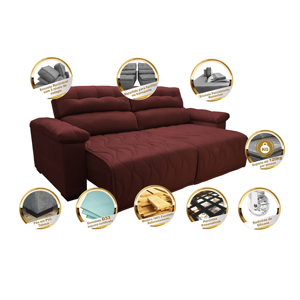 Sofá 2,42m Retrátil e Reclinável com Molas Cama inBox Top Tecido Suede Velusoft Vermelho