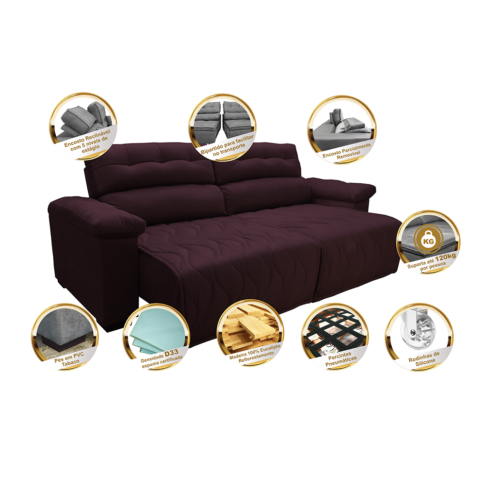 Sofá 2,42m Retrátil e Reclinável com Molas Cama inBox Top Tecido Suede Velusoft Vinho