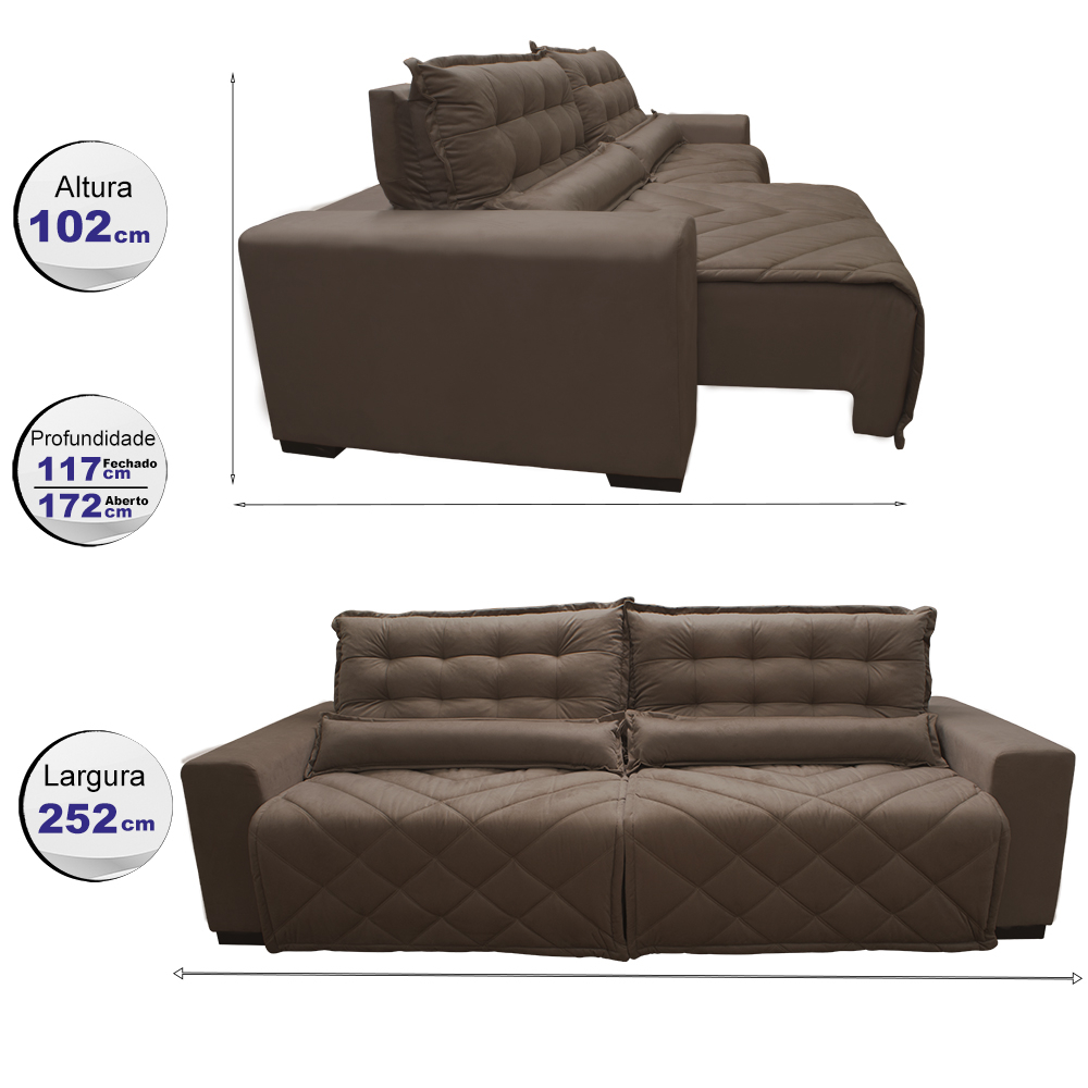 Sofá 2,52m Retrátil e Reclinável com Molas Cama inBox Plus Tecido Suede Velusoft Castor