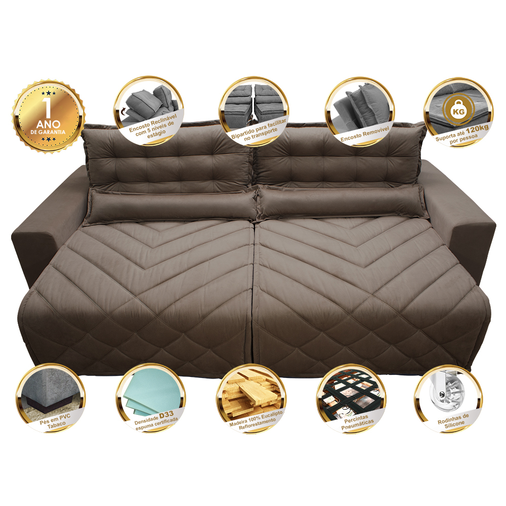 Sofá 2,52m Retrátil e Reclinável com Molas Cama inBox Plus Tecido Suede Velusoft Castor