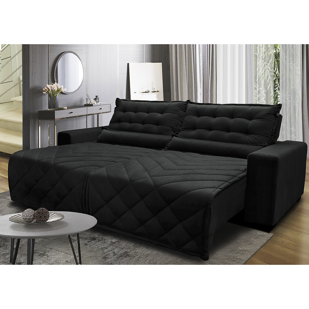 Sofá 2,52m Retrátil e Reclinável com Molas Cama inBox Plus Tecido Suede Velusoft Preto