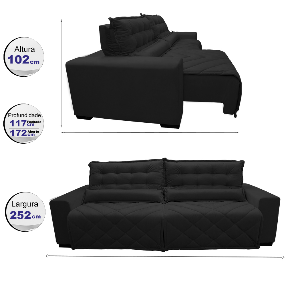 Sofá 2,52m Retrátil e Reclinável com Molas Cama inBox Plus Tecido Suede Velusoft Preto