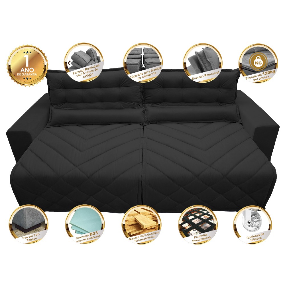 Sofá 2,52m Retrátil e Reclinável com Molas Cama inBox Plus Tecido Suede Velusoft Preto