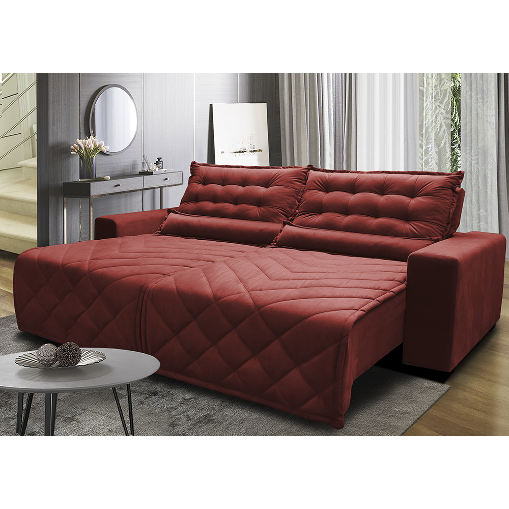 Sofá 2,52m Retrátil e Reclinável com Molas Cama inBox Plus Tecido Suede Velusoft Vermelho
