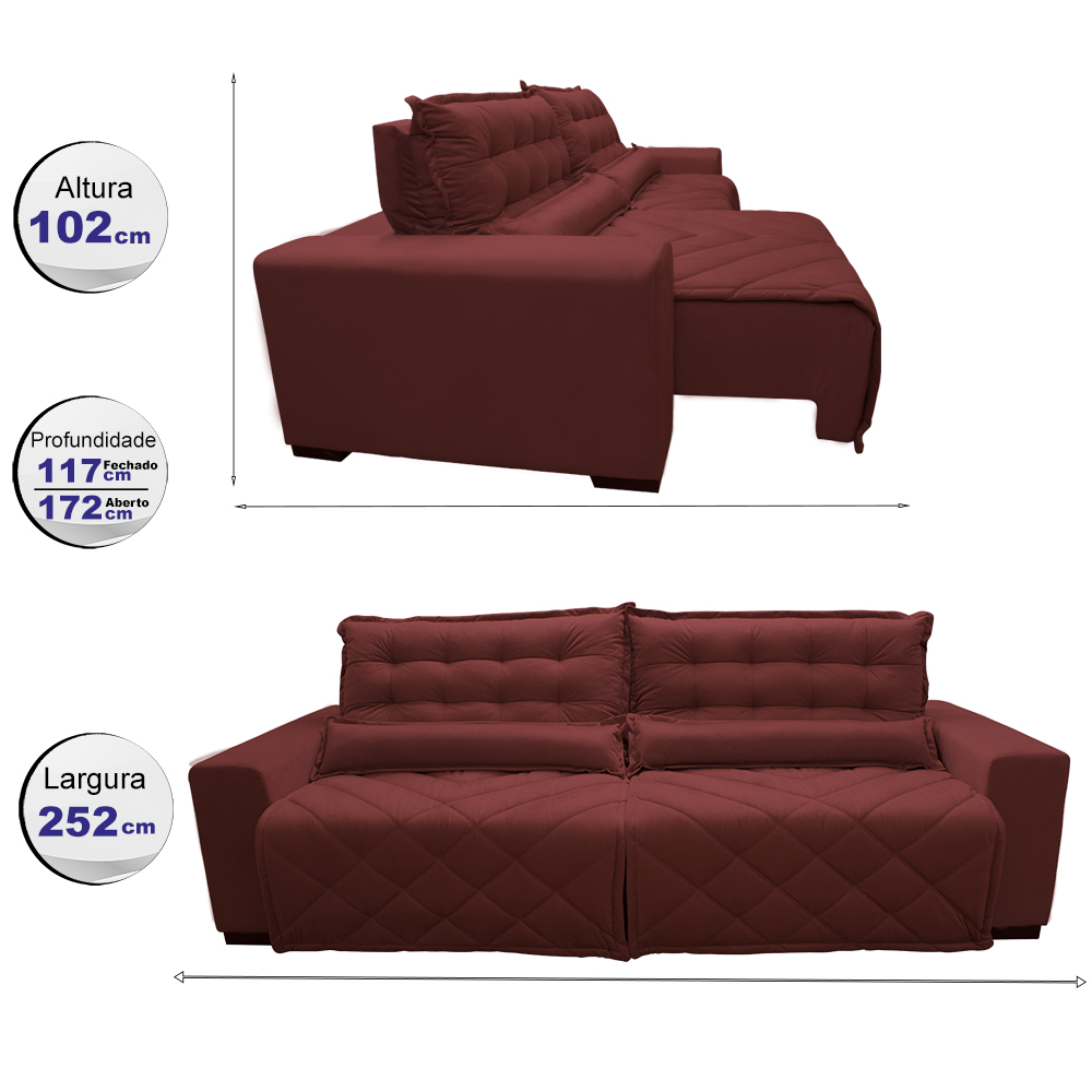 Sofá 2,52m Retrátil e Reclinável com Molas Cama inBox Plus Tecido Suede Velusoft Vermelho