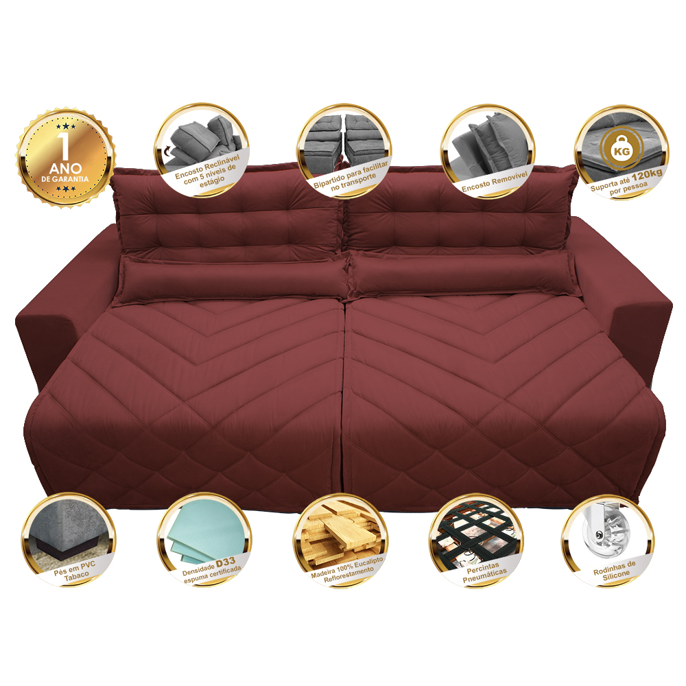 Sofá 2,52m Retrátil e Reclinável com Molas Cama inBox Plus Tecido Suede Velusoft Vermelho