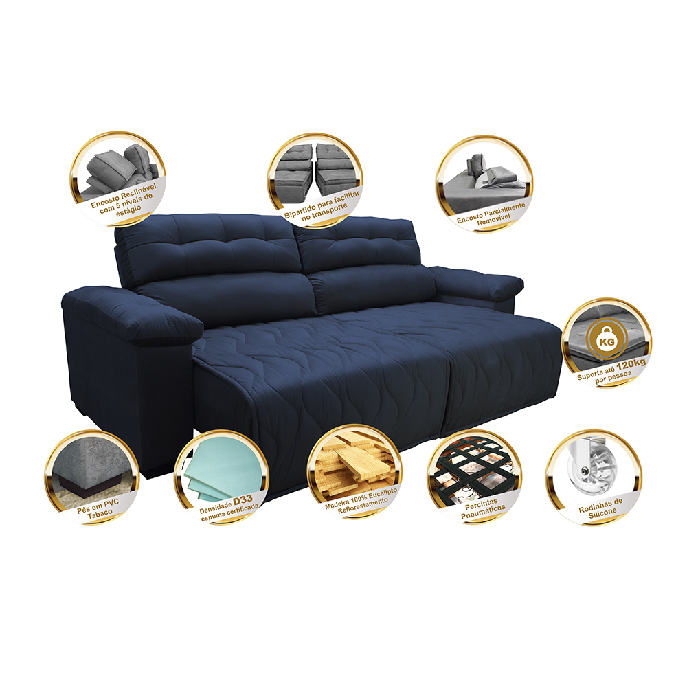 Sofá 2,52m Retrátil e Reclinável com Molas Cama inBox Top Tecido Suede Velusoft Azul