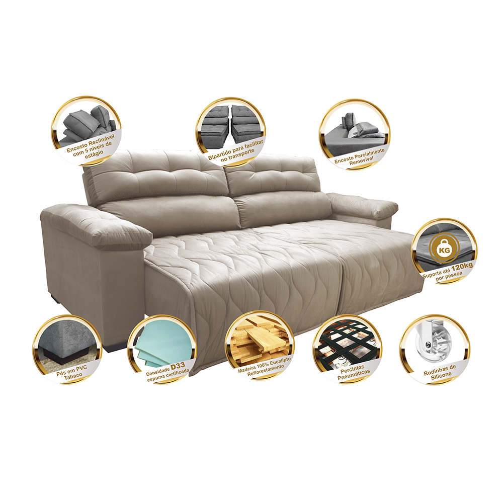 Sofá 2,52m Retrátil e Reclinável com Molas Cama inBox Top Tecido Suede Velusoft Bege