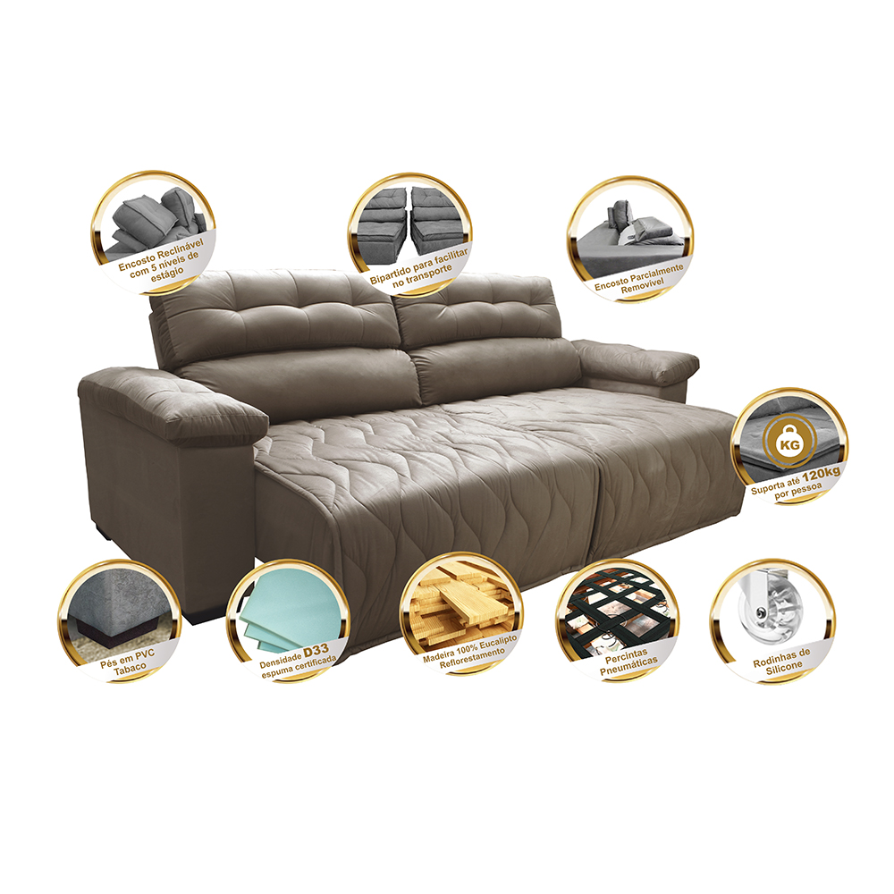 Sofá 2,52m Retrátil e Reclinável com Molas Cama inBox Top Tecido Suede Velusoft Castor