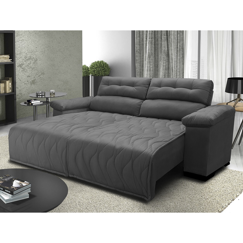 Sofá 2,52m Retrátil e Reclinável com Molas Cama inBox Top Tecido Suede Velusoft Cinza