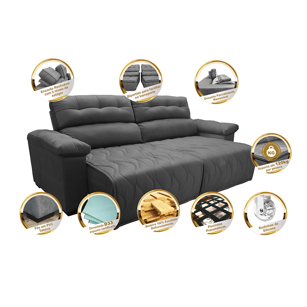 Sofá 2,52m Retrátil e Reclinável com Molas Cama inBox Top Tecido Suede Velusoft Cinza