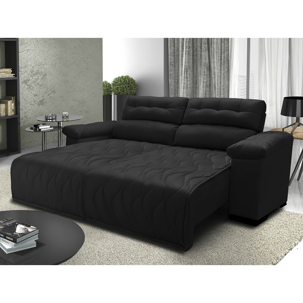 Sofá 2,52m Retrátil e Reclinável com Molas Cama inBox Top Tecido Suede Velusoft Preto