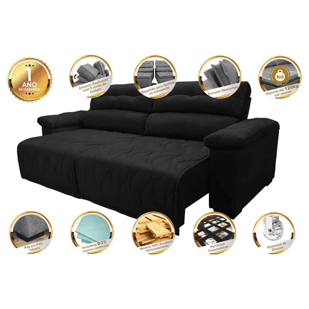 Sofá 2,52m Retrátil e Reclinável com Molas Cama inBox Top Tecido Suede Velusoft Preto