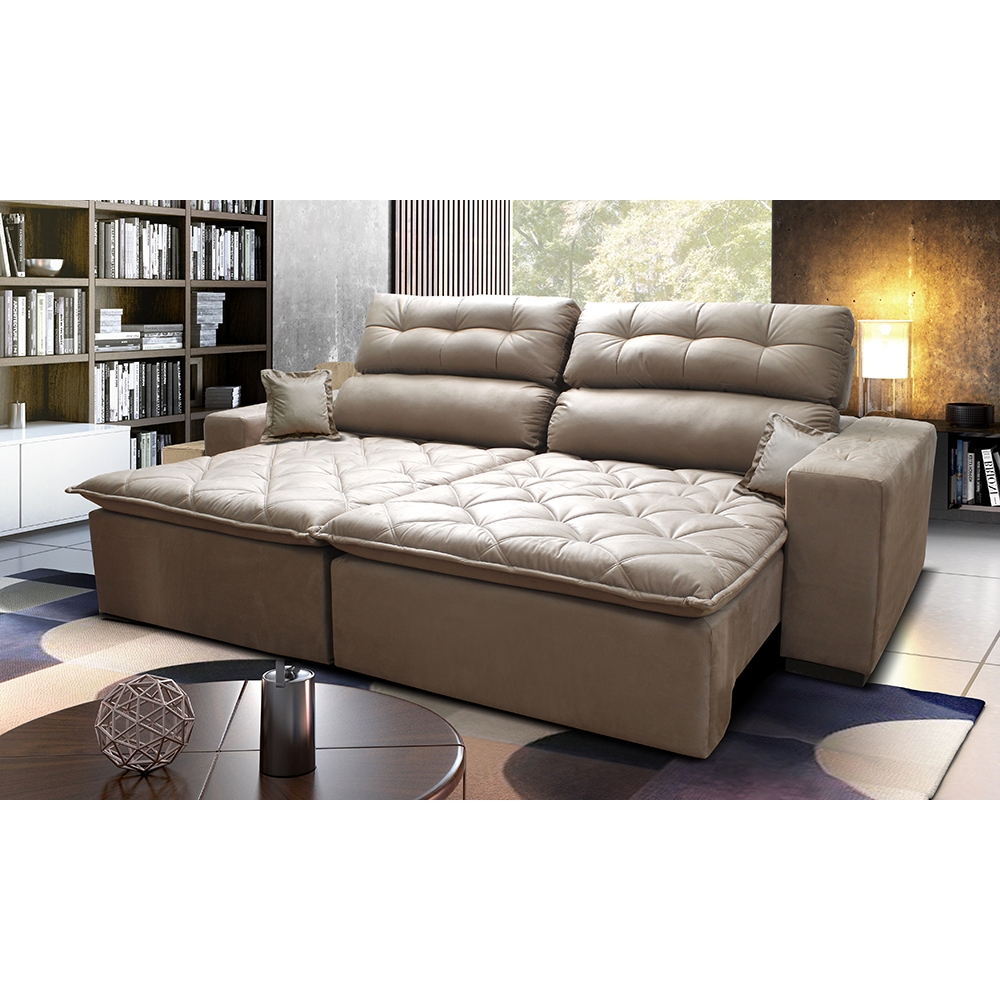 Sofá 2,62m Retrátil e Reclinável com Molas Cama inBox Confort Tecido Suede Velusoft Castor