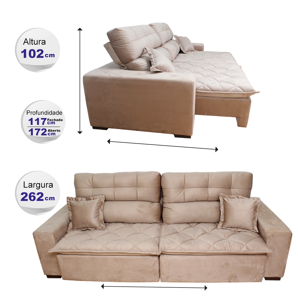Sofá 2,62m Retrátil e Reclinável com Molas Cama inBox Confort Tecido Suede Velusoft Castor