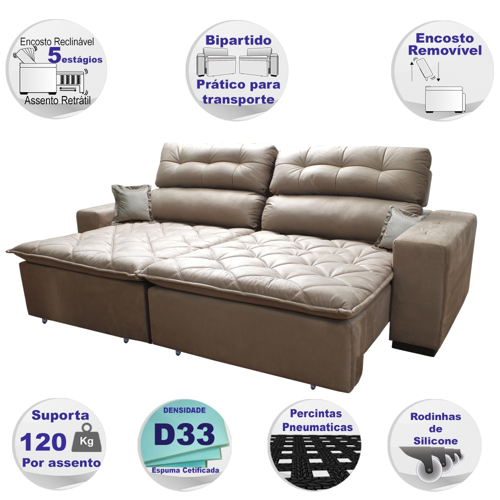 Sofá 2,62m Retrátil e Reclinável com Molas Cama inBox Confort Tecido Suede Velusoft Castor