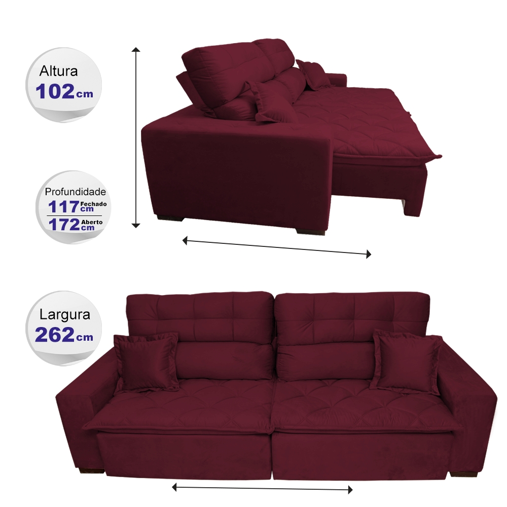 Sofá 2,62m Retrátil e Reclinável com Molas Cama inBox Confort Tecido Suede Velusoft Vinho