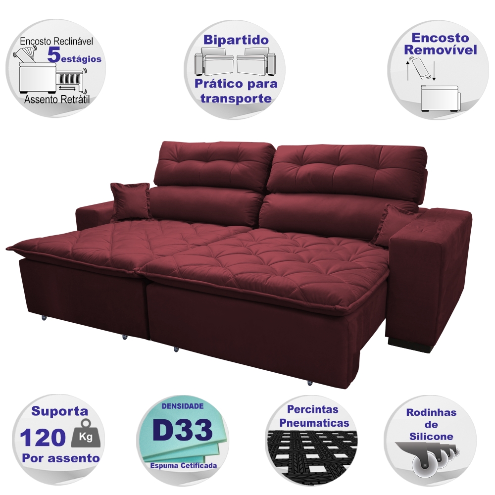 Sofá 2,62m Retrátil e Reclinável com Molas Cama inBox Confort Tecido Suede Velusoft Vinho
