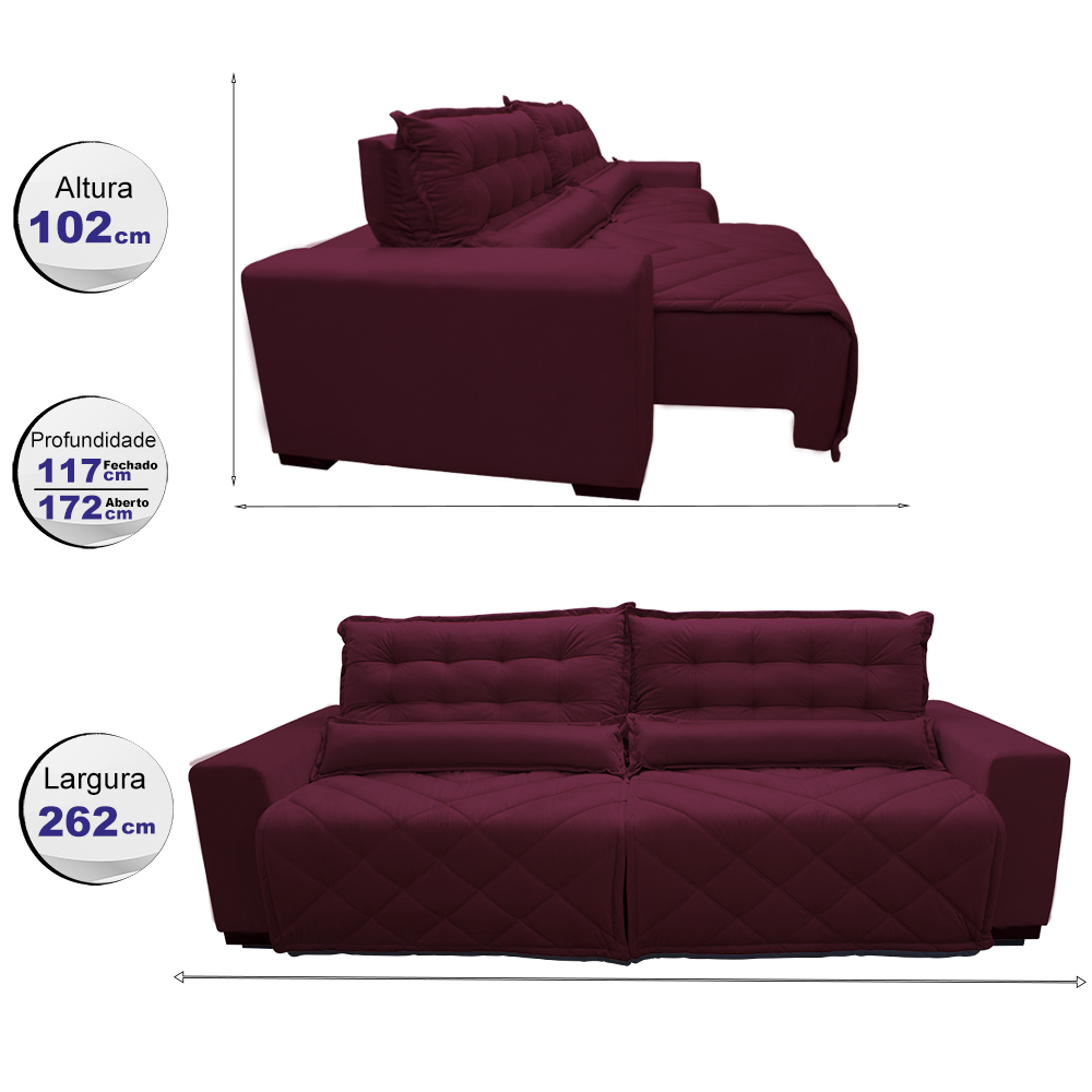 Sofá 2,62m Retrátil e Reclinável com Molas Cama inBox Plus Tecido Suede Velusoft Vinho